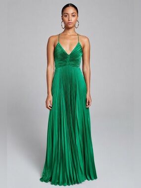 Mango Emerald Green Pleated Maxi Dress | Satin Strappy Formal Dress Size S/US 4